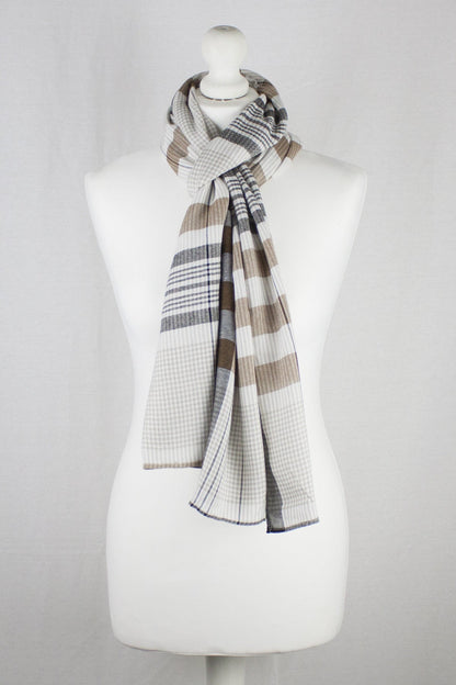 Checks and Stripes Textured Weave Viscose Scarf - Beige Black Off-White-1