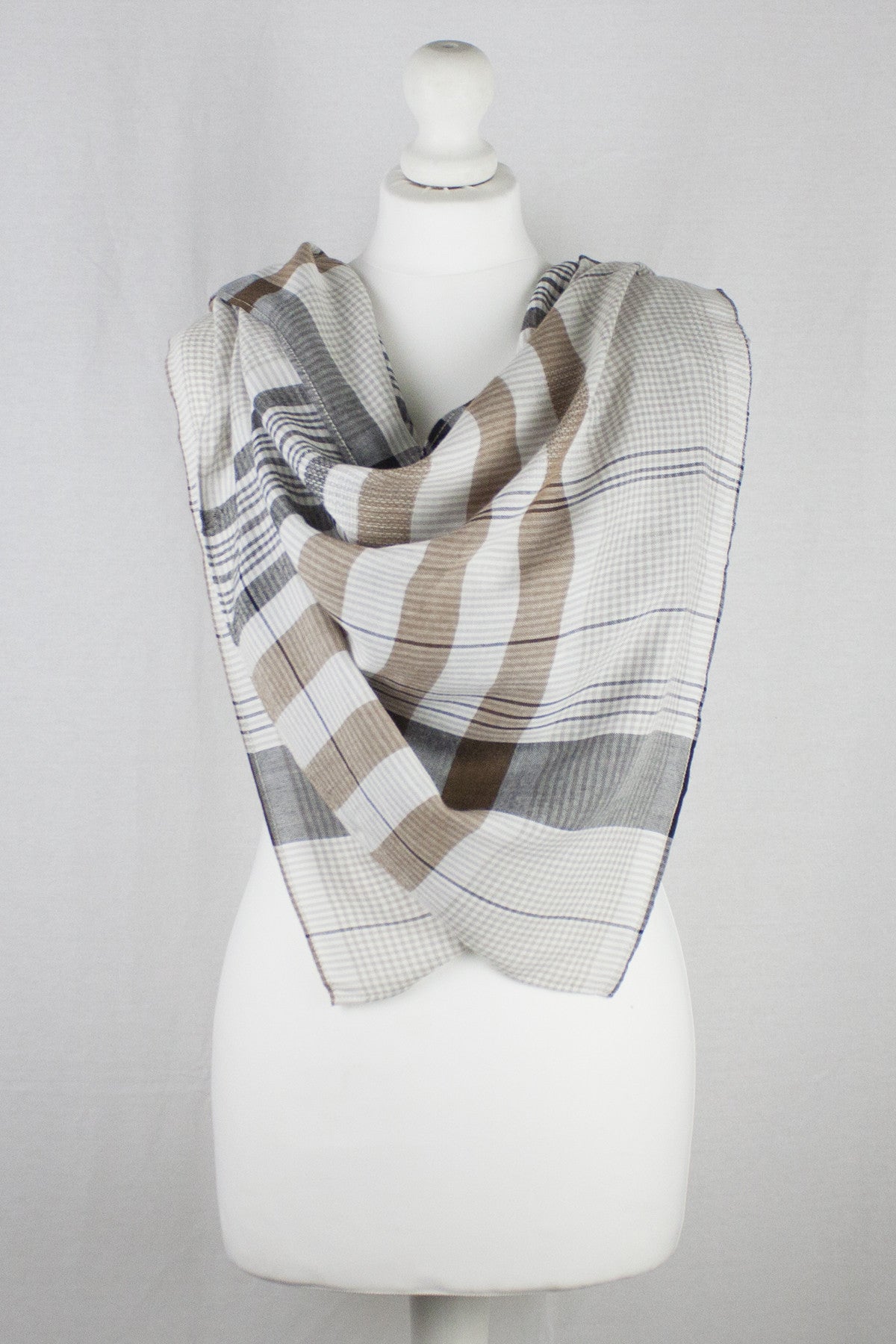 Checks and Stripes Textured Weave Viscose Scarf - Beige Black Off-White-2