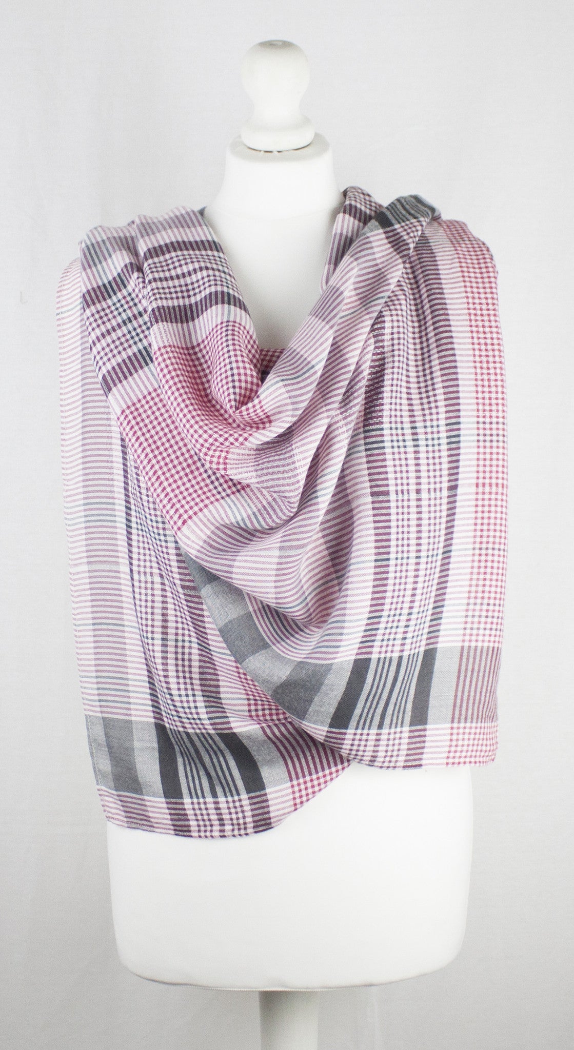 Checks and Stripes Textured Weave Viscose Scarf - Pink Black Off-White-2