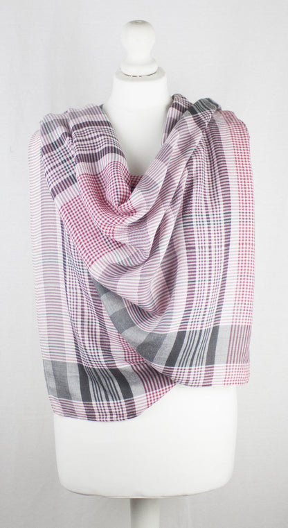 Checks and Stripes Textured Weave Viscose Scarf - Pink Black Off-White-2
