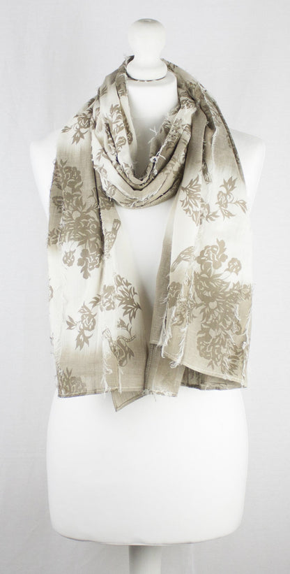 Frayed Stripes Printed Cotton Scarf -  Off- White Beige-1