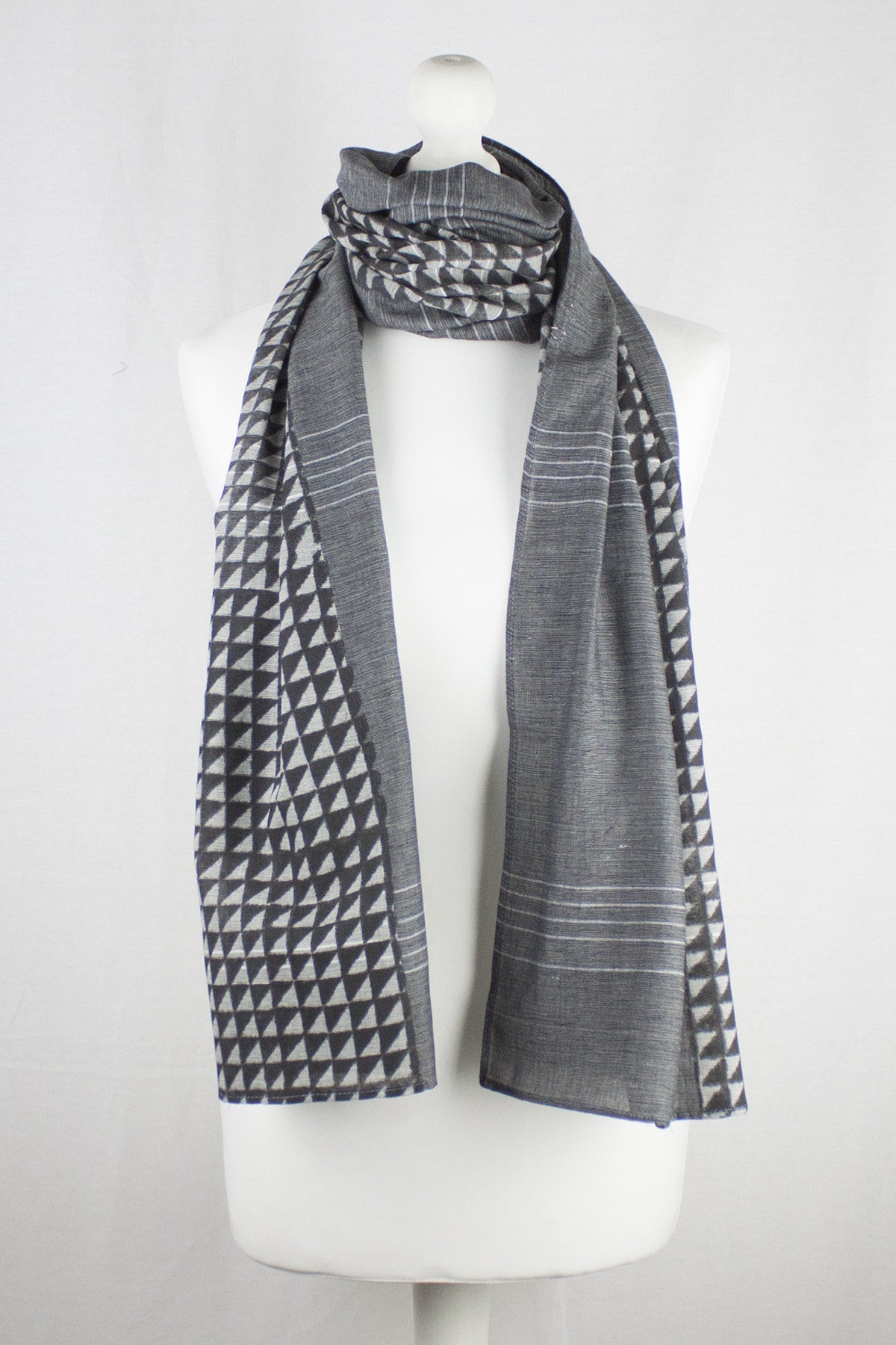 Triangle Print Chambray Cotton Scarf -  Grey Black-0