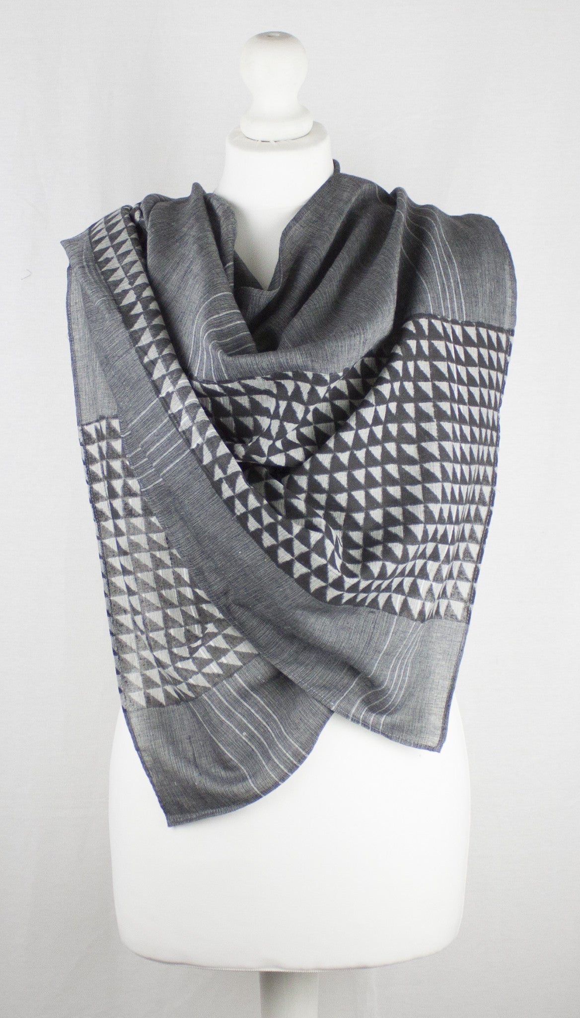 Triangle Print Chambray Cotton Scarf -  Grey Black-2