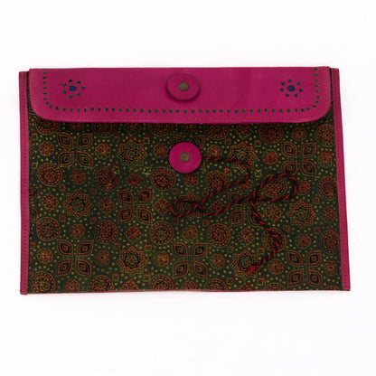 Hand-carved Leather iPad Case with Hand-block Ajrakh Print - Pink Green-1