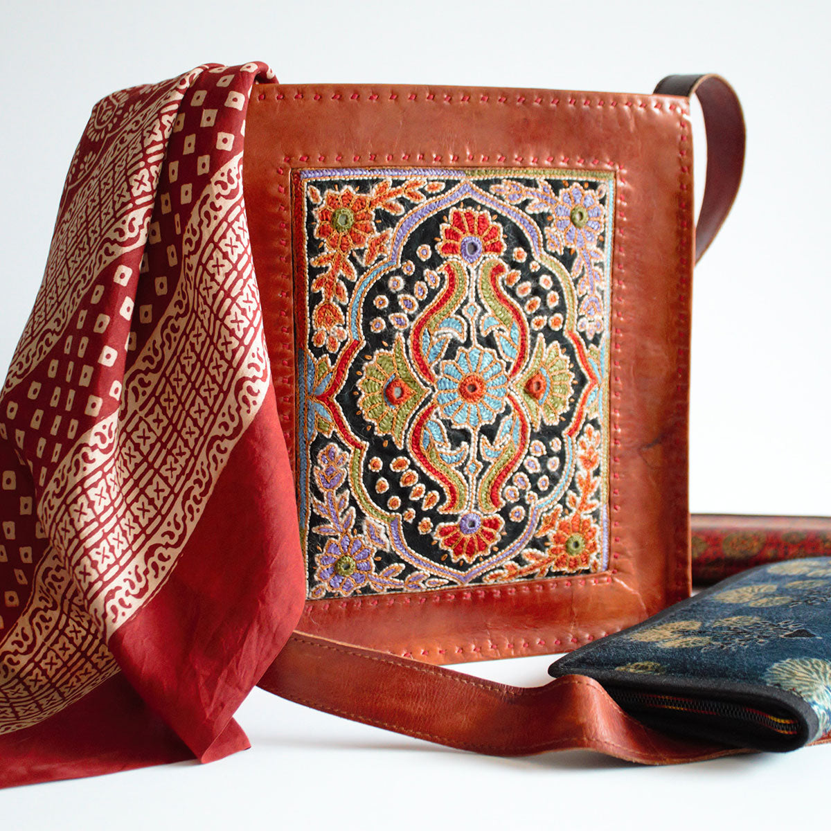 Intricate Embroidery Camel Leather Handbag-1
