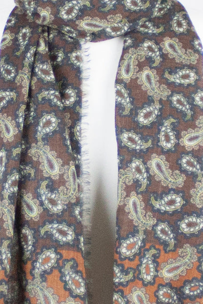 All Over Paisley Print Merino Wool Scarf - Brown Navy-2