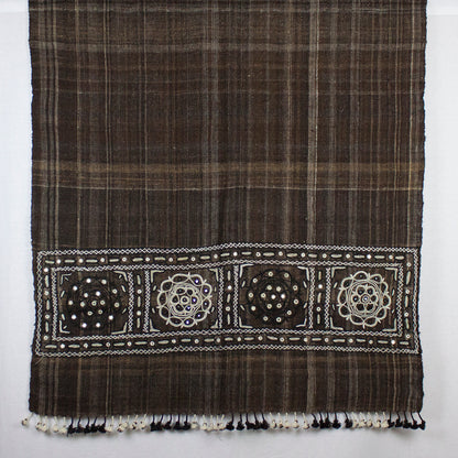 Handspun Handwoven Rabari Embroidered Wool Shawl - Brown-4
