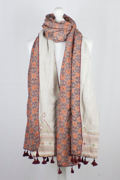 Double Sided Ajrakh Print Silk and Woolen Embroidered Scarf - Orange Off White-0