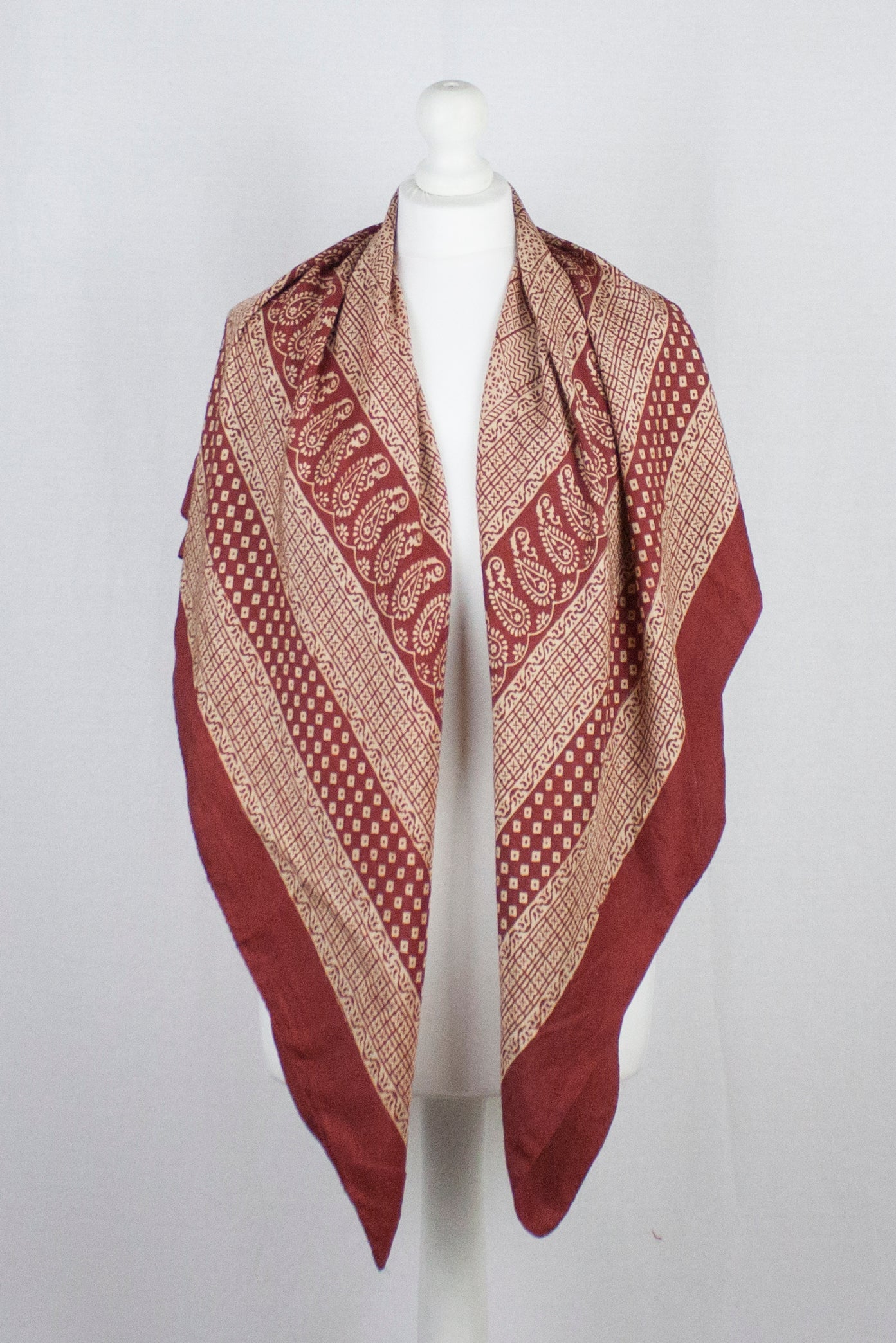 Checks Mix Print Bagh Hand-block Print Silk Square Scarf - Red-1