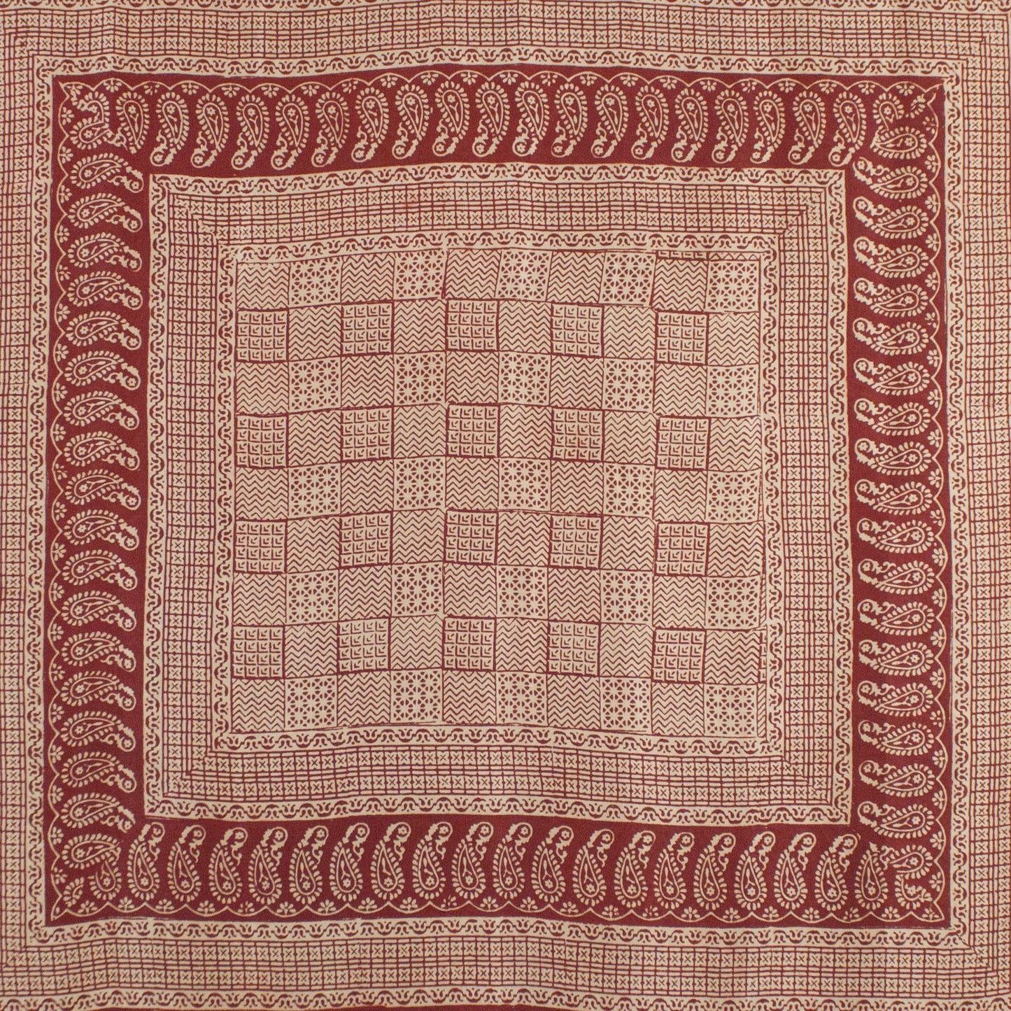 Checks Mix Print Bagh Hand-block Print Silk Square Scarf - Red-3