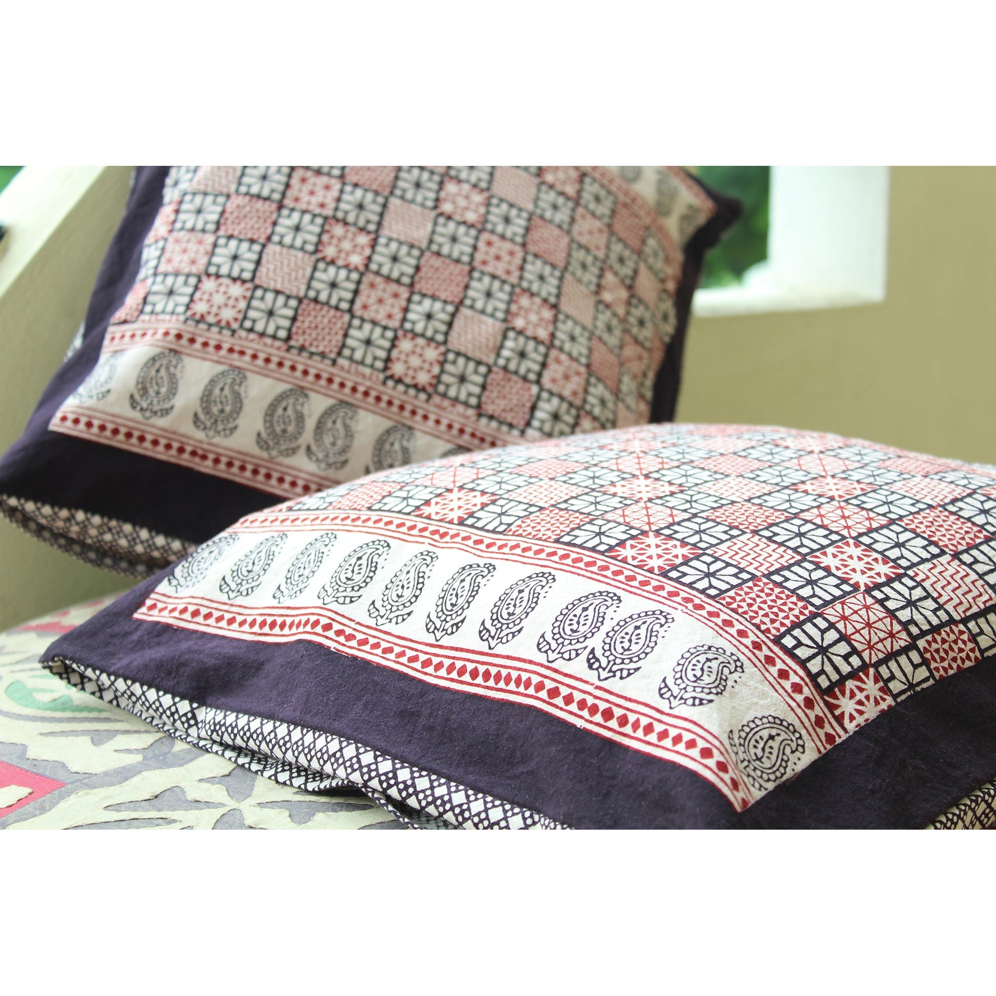 Checks Mix & Diamond Bagh Hand Block Print Cotton Cushion Cover - White Black Red-4