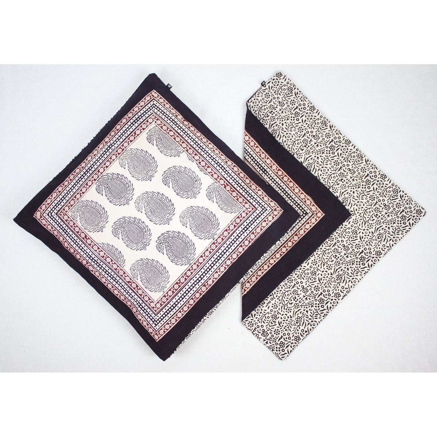 Ambi Paisley & Floral Mix Bagh Hand Block Print Cotton Cushion Cover - White Black Red-2