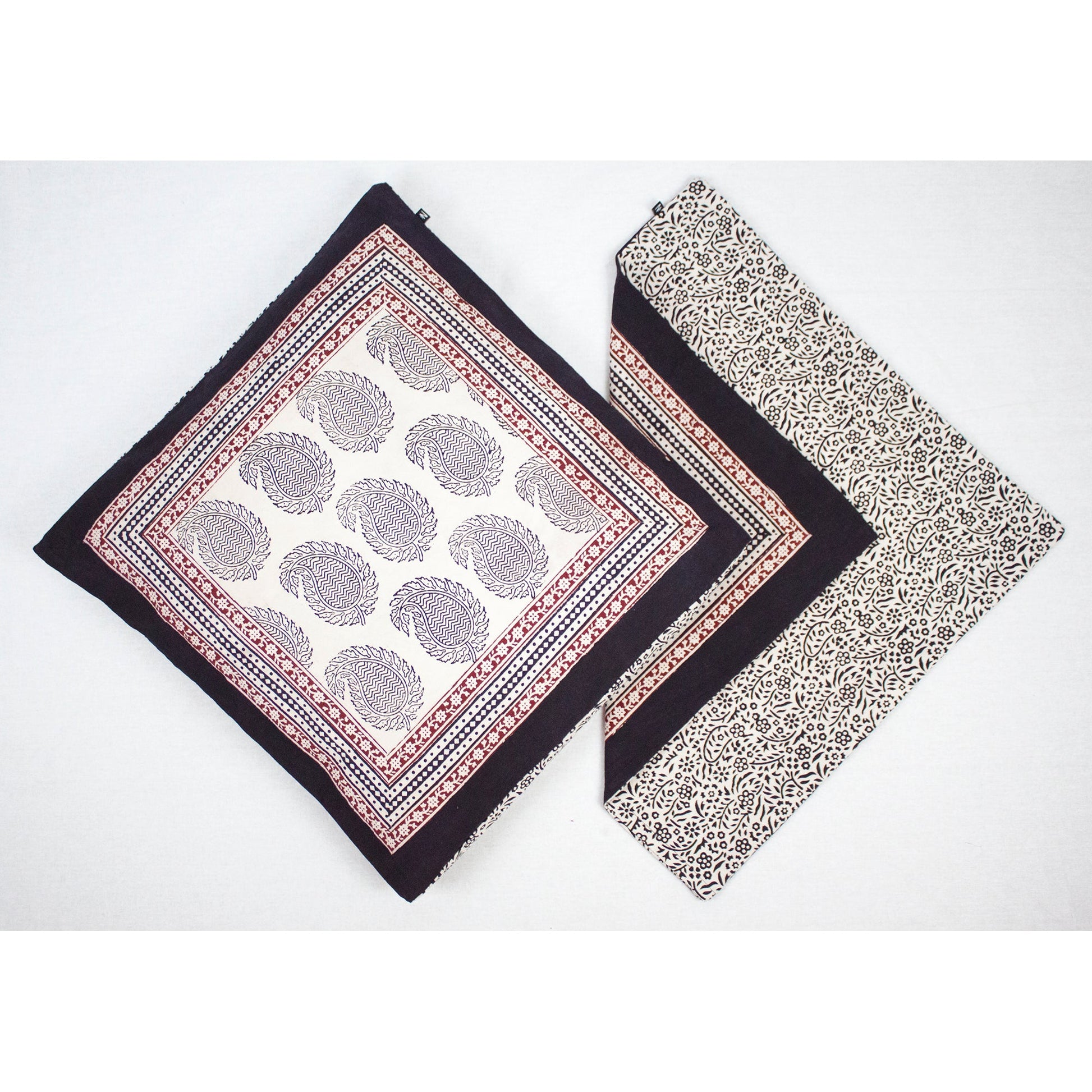 Ambi Paisley & Floral Mix Bagh Hand Block Print Cotton Cushion Cover - White Black Red-2