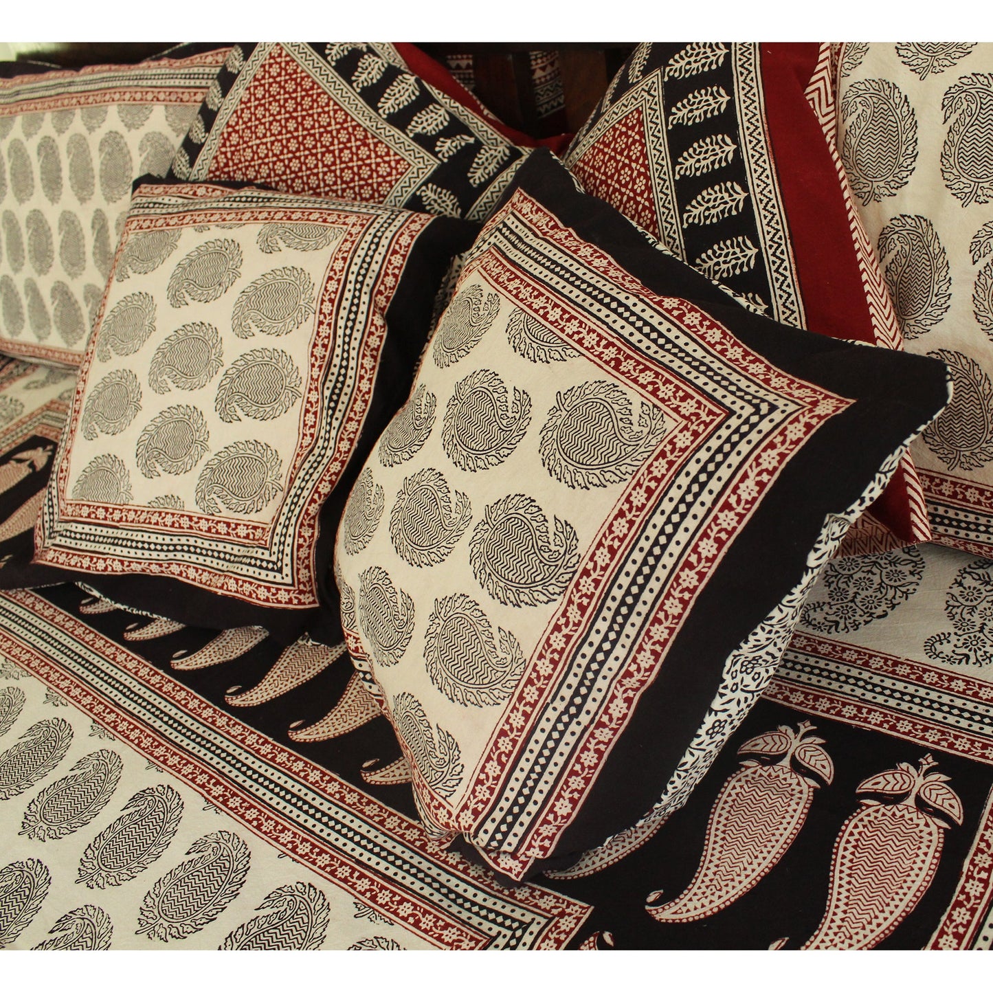 Ambi Paisley & Floral Mix Bagh Hand Block Print Cotton Cushion Cover - White Black Red-3