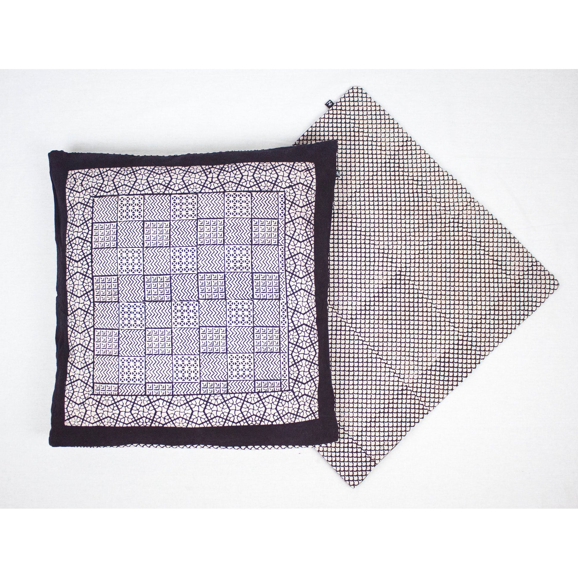 Checks Mix & Seashell Bagh Hand Block Print Cotton Cushion Cover - White Black-1