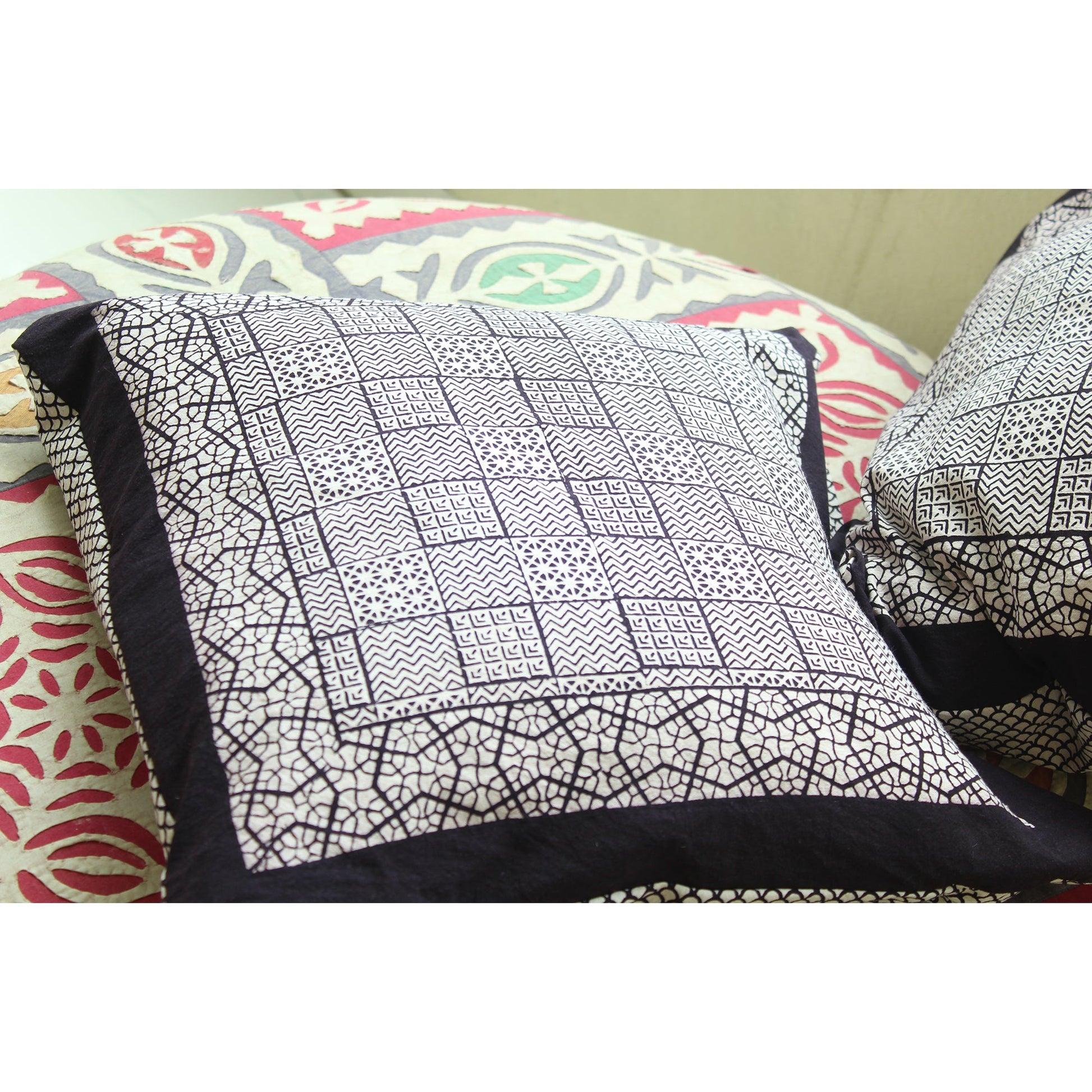 Checks Mix & Seashell Bagh Hand Block Print Cotton Cushion Cover - White Black-3
