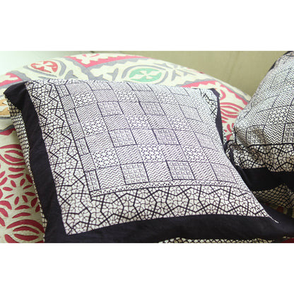 Checks Mix & Seashell Bagh Hand Block Print Cotton Cushion Cover - White Black-3