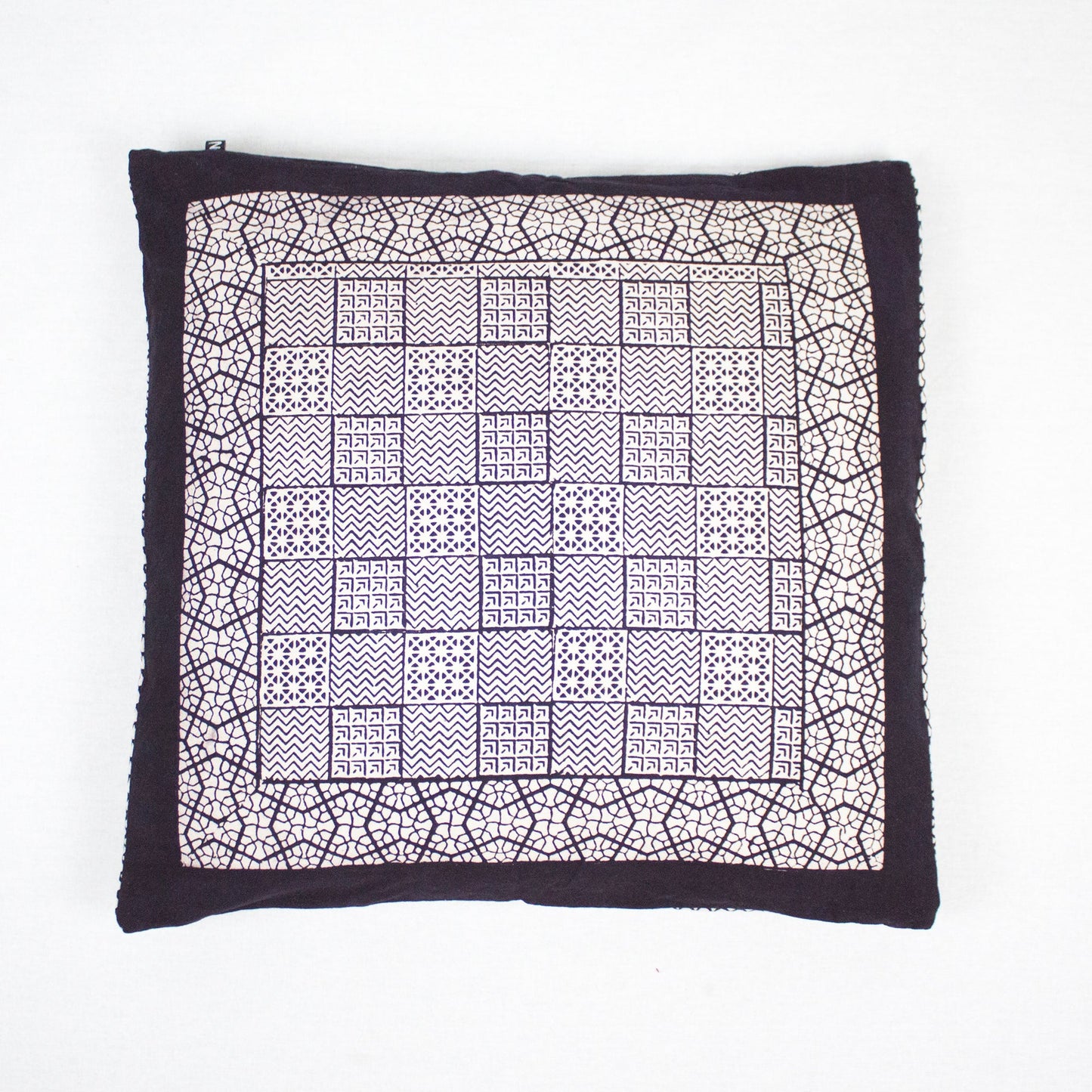 Checks Mix & Seashell Bagh Hand Block Print Cotton Cushion Cover - White Black-0