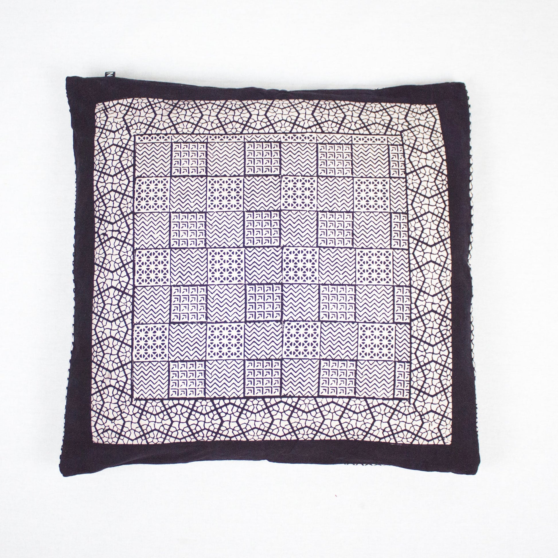 Checks Mix & Seashell Bagh Hand Block Print Cotton Cushion Cover - White Black-0