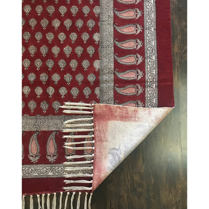 Traditional Paisley Jaal & Border Hand-block Print Rug - Red White-4