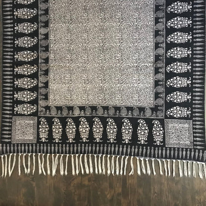 Floral Jaal & Paisley Hand-block Print Rug - White Black-1