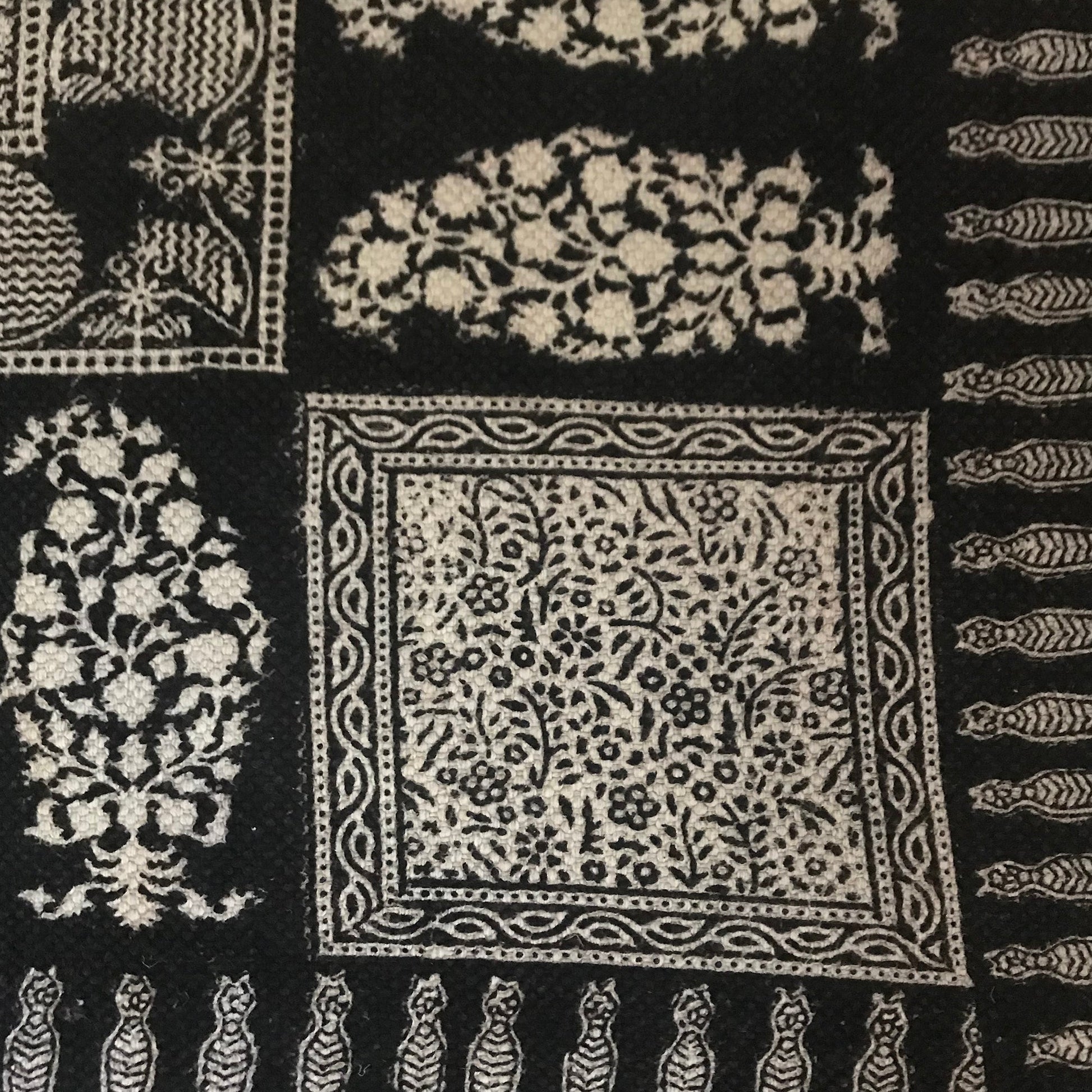 Floral Jaal & Paisley Hand-block Print Rug - White Black-4