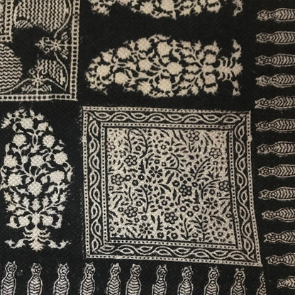 Floral Jaal & Paisley Hand-block Print Rug - White Black-4