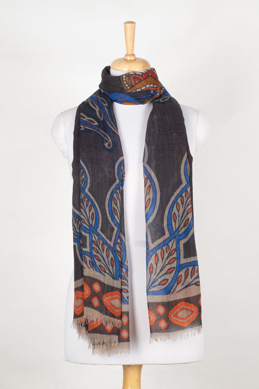 Indian Floral & Leaf Fine Wool Scarf – Grey Multicolour-0