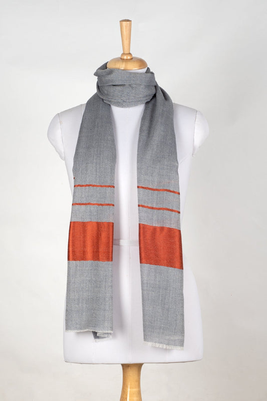 Bordered Stripe Cashmere Wool Scarf – Grey & Orange-0