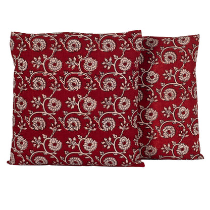 Floral Vine Bagh Hand Block Print Cotton Cushion Cover - Red-2