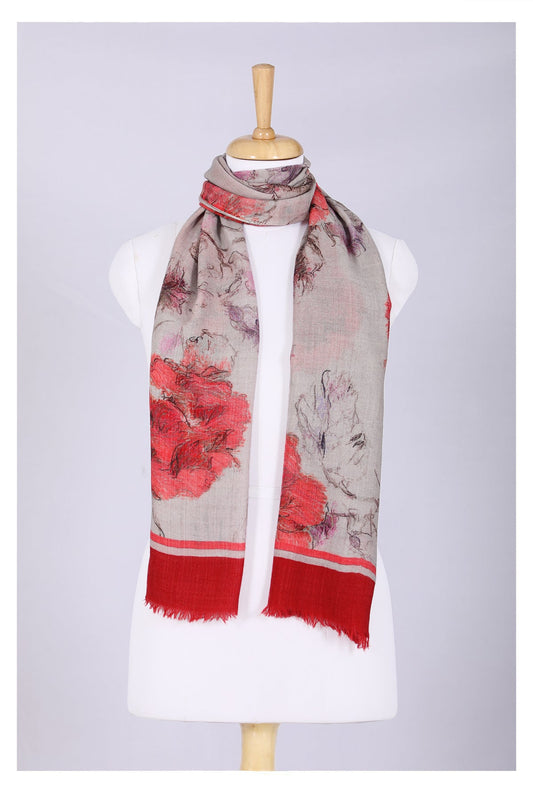 Floral Elegance Wool Scarf - Off-White Red-0
