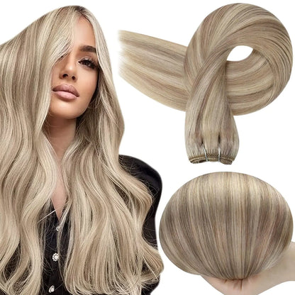Verander Je Uiterlijk met Full Shine Ombre Blonde Menselijk Haar Weft Extensions - Zijdeachtig Steil 100g Remy Skin Dubbele Weft Bundels voor een Perfecte Salonafwerking!