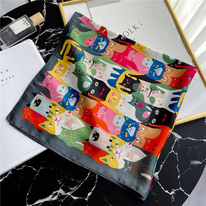 2024 Elegante Zijden Kattenprint Sjaal - Stijlvolle Hoofddoek & Sjaaltje voor Vrouwen - Luxueuze Satijnen Vierkante Sjaal & Multifuntionele Hijab Bandana