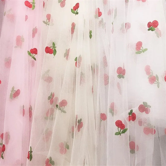 Cherry Embroidered Tulle Fabric 1 Meter Soft Mesh Fabric for Baby Dresses Tutu Skirts Wedding Party Sewing DIY