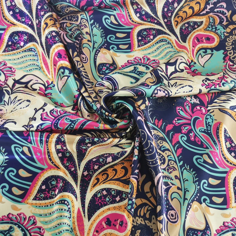 Floral Satin Fabric Stretch Polyester Spandex Fabric Vintage Flower Print Sewing Material for Dresses Pajamas DIY