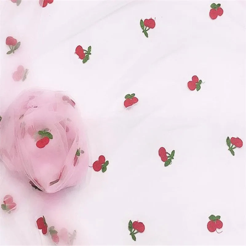 Cherry Embroidered Tulle Fabric 1 Meter Soft Mesh Fabric for Baby Dresses Tutu Skirts Wedding Party Sewing DIY