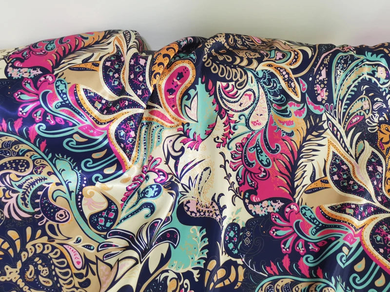 Floral Satin Fabric Stretch Polyester Spandex Fabric Vintage Flower Print Sewing Material for Dresses Pajamas DIY