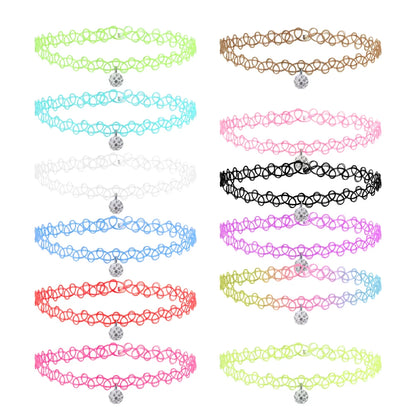 12-delige Retro-geïnspireerde Stretch Choker Ketting Set voor Dames - Stijlvolle Punk Gothic Elastische Kettingen voor Meisjes en Vrouwen