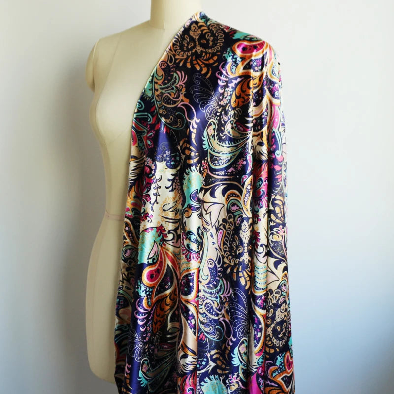 Floral Satin Fabric Stretch Polyester Spandex Fabric Vintage Flower Print Sewing Material for Dresses Pajamas DIY