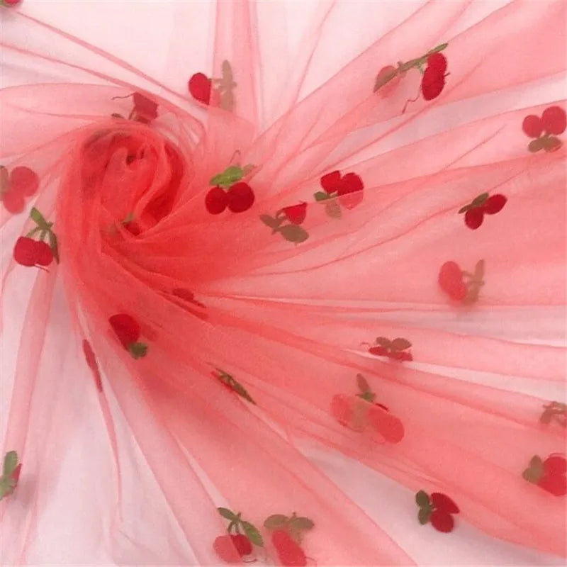 Cherry Embroidered Tulle Fabric 1 Meter Soft Mesh Fabric for Baby Dresses Tutu Skirts Wedding Party Sewing DIY