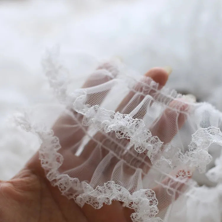 White Ruffle Lace Trim 5cm Pleated Embroidered Mesh Fabric Sewing Trim for Wedding Garment DIY Crafts