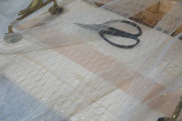 Thin Tulle Veil Fabric 150cm Wide Grid Mesh Lace with Gold Silver Thread for Sewing DIY Dress Decoration