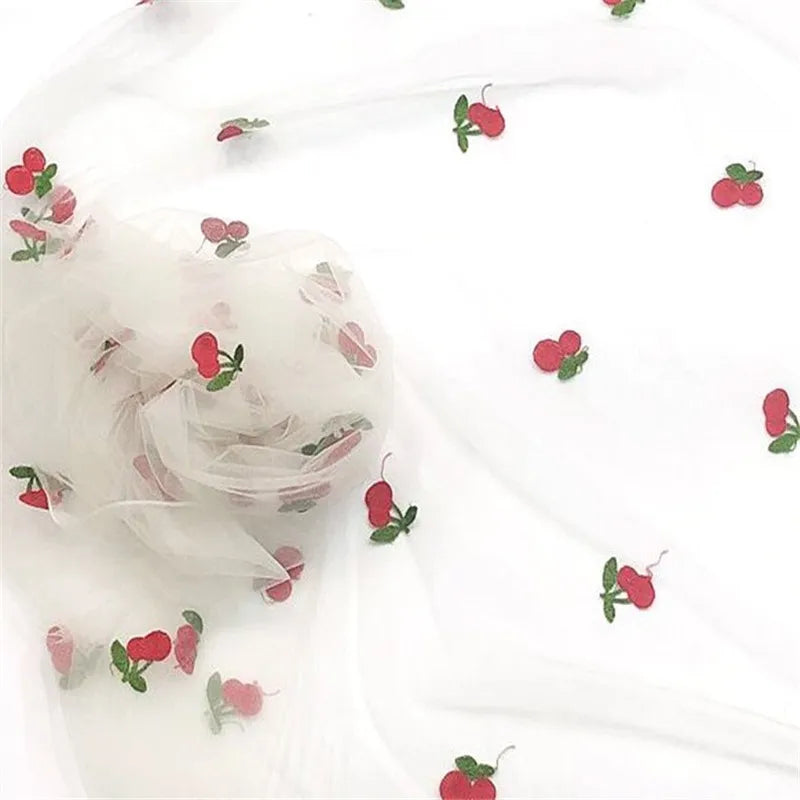 Cherry Embroidered Tulle Fabric 1 Meter Soft Mesh Fabric for Baby Dresses Tutu Skirts Wedding Party Sewing DIY