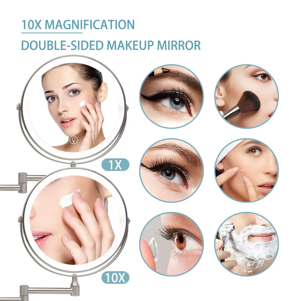 Transformeer je verzorgingsroutine met deze 8-inch wandgemonteerde LED make-up spiegel – Verstelbaar & 10X vergroting voor een vlekkeloze schoonheid!