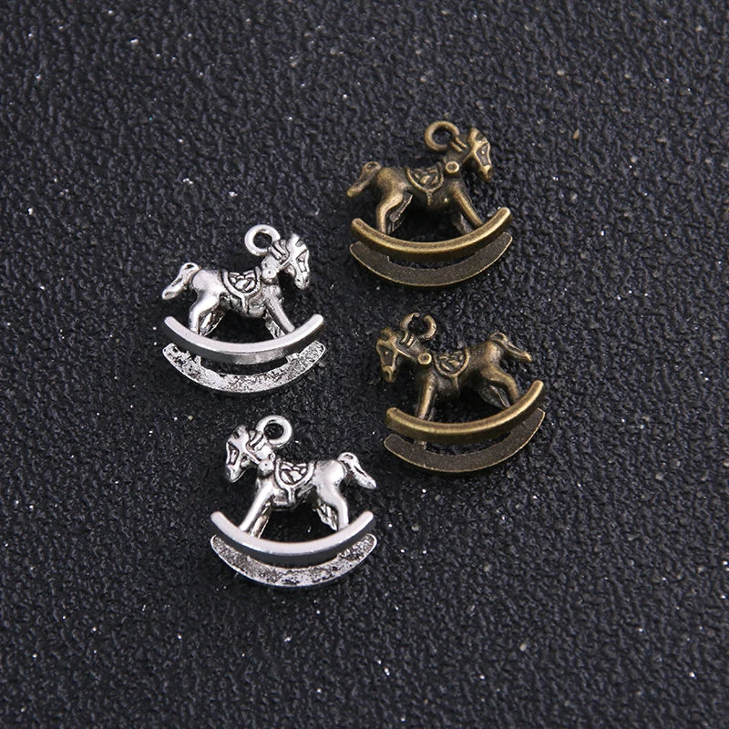 14pcs Antique Bronze Rocking Horse Charms Mini Metal Toy Pendants for Jewelry Making