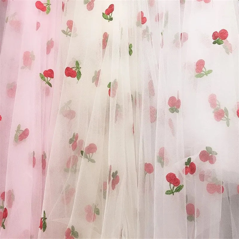 Cherry Embroidered Tulle Fabric 1 Meter Soft Mesh Fabric for Baby Dresses Tutu Skirts Wedding Party Sewing DIY