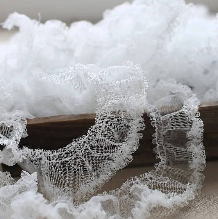White Ruffle Lace Trim 5cm Pleated Embroidered Mesh Fabric Sewing Trim for Wedding Garment DIY Crafts