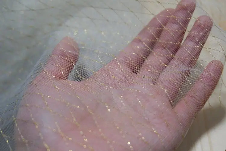 Thin Tulle Veil Fabric 150cm Wide Grid Mesh Lace with Gold Silver Thread for Sewing DIY Dress Decoration