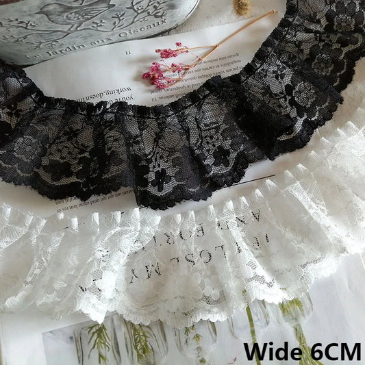 6cm Pleated Tulle Lace Trim White Black Embroidered Mesh Lace Sewing Fabric for Skirts Dresses DIY
