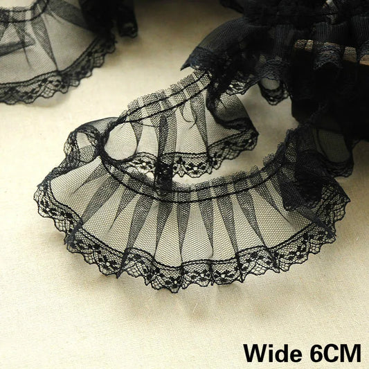 6cm Black Mesh Lace Trim Ruffle Pleated Embroidery Ribbon for Dress Skirt Sewing DIY by Yard
